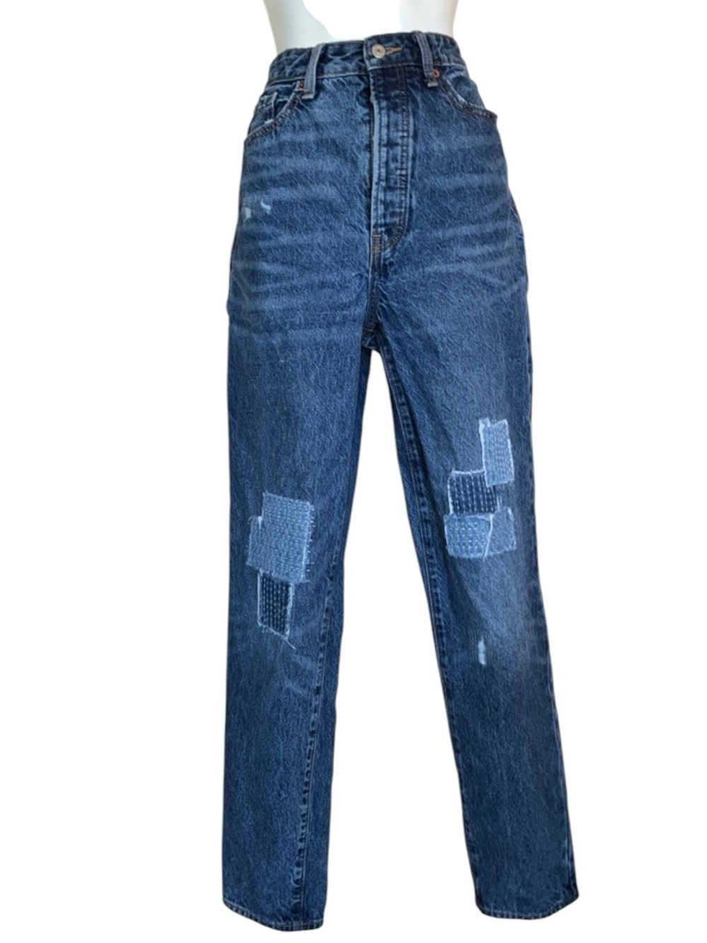 Old Navy Jeans Women 8, blue Denim, sashiko stitched patches, high rise. EUC